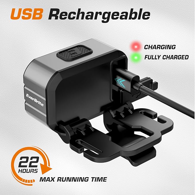 EverBrite Rechargeable LED Headlamp, Only 1.59 OZ Ultra-Light with Hat Clip, IP67 Waterproof, White/Red/Green Light, 7 Modes for Camping, Running and Backpacking-Grey