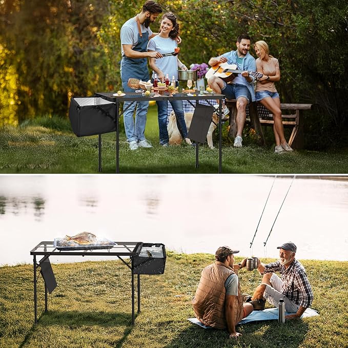 Portable Folding Grill Table with Sink for Outdoor, Lightweight Aluminum Frame Folding Grill Stand Picnic Table Camping Cooking BBQ, RV Picnic,2 Heights Adjustable(Black)