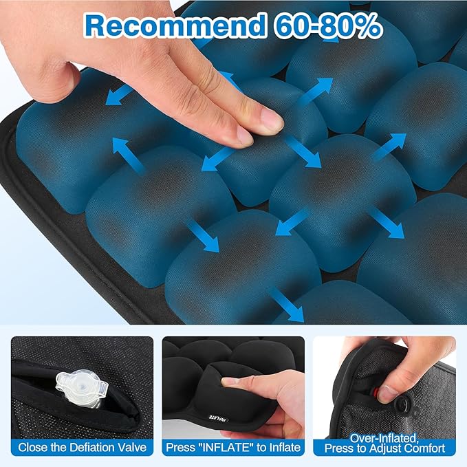 Seat Cushion, Office Chair Cushion with Storage Bag, Travel Seat Cushion for Airplane, Press Type Air Inflatable Airplane Seat Cushions for Plane, Car, Office (Single-Sided Grey, Square)