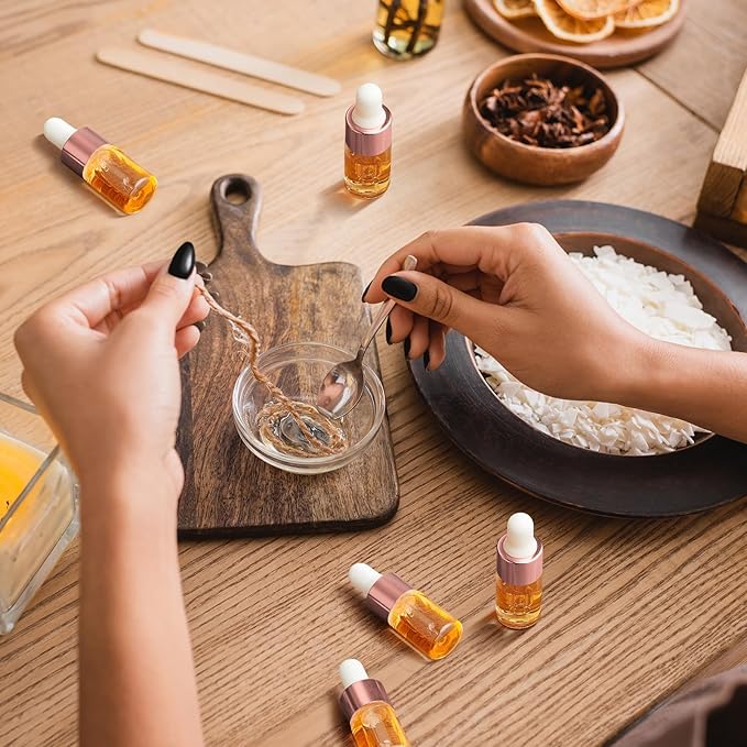 100 Pcs Mini Glass Oil Dropper Bottle Bulk, Clear Essential Small Empty Bottles Sample Containers Perfume Liquid Vials with Cap for Traveling (3 ml,Rose Gold)