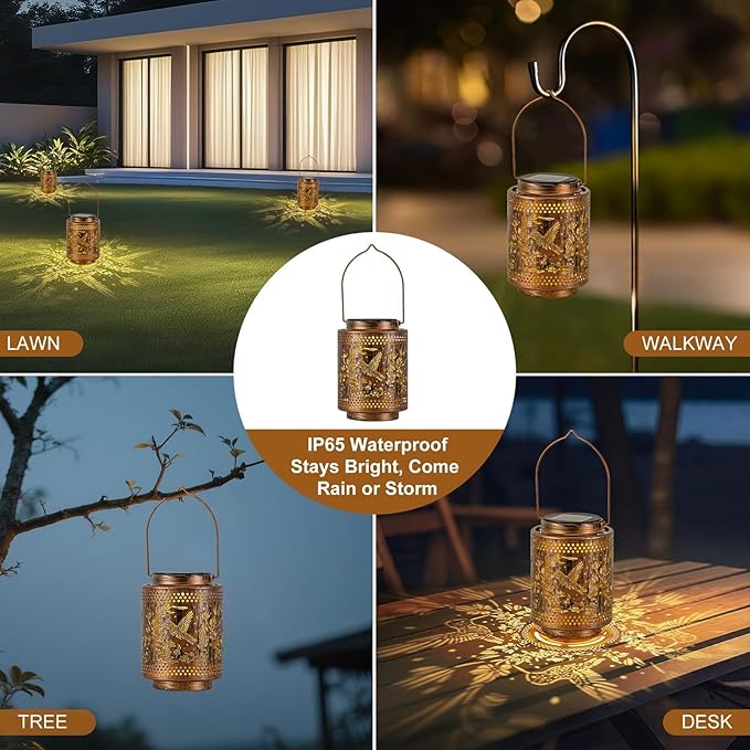 Solar Lanterns Outdoor Waterproof Hummingbird and Iris Garden Decor Gifts for Women Hanging Solar Lights with Metal Design Warm Light for Patio Yard Porch