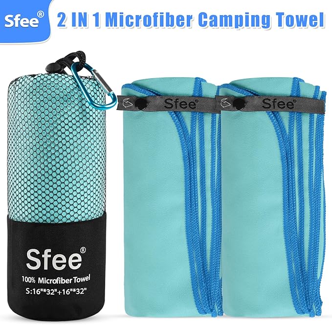 Sfee 2 Pack Microfiber Travel Towel, Quick Dry Towel Camping Towel Beach Towel Super Absorbent Compact Lightweight Sports Gym Towels Set for Beach, Gym, Hiking, Pool, Backpacking, Bath, Yoga