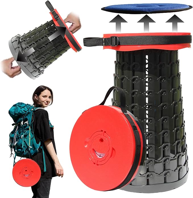 Upgraded XXL Collapsible Stool with Cushion,19.7"H-11.8"D Telescoping Folding Stool for Adults,More Sturdy Portable Camping Stools with Load Capacity 1000lbs for Outdoor,Garden,Fishing,Hiking