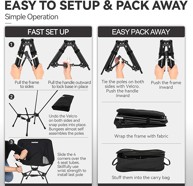 MARCHWAY Lightweight Folding Camping Chair with Spring Lock, Stable Compact Portable for Outdoor Camp, Travel, Beach, Picnic, Festival, Hiking, Backpacking (Lowback Black)