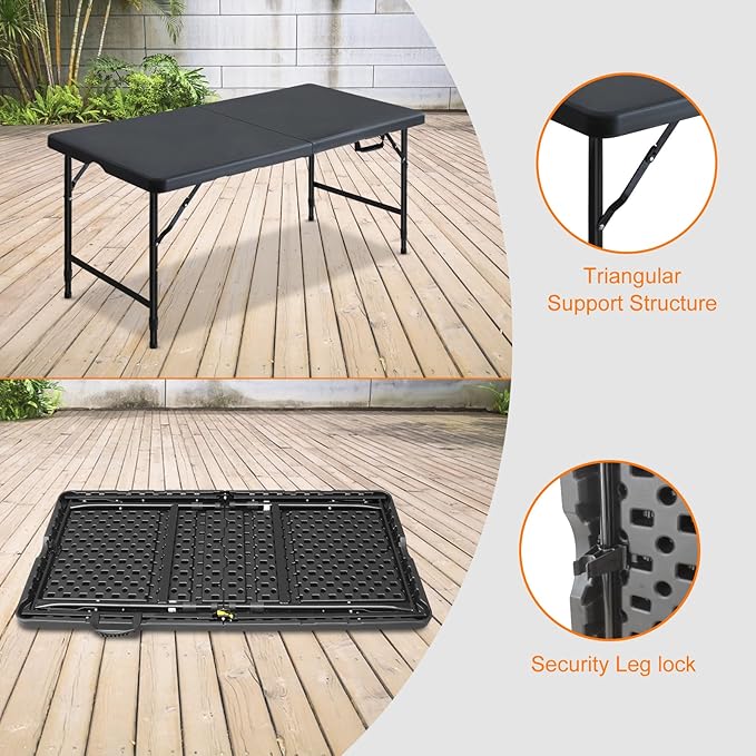 4 FT Folding Table with Carry Handle, Portable Fold-in-Half Plastic Table, Rectangle Foldable Table for Indoor/Outdoor Black