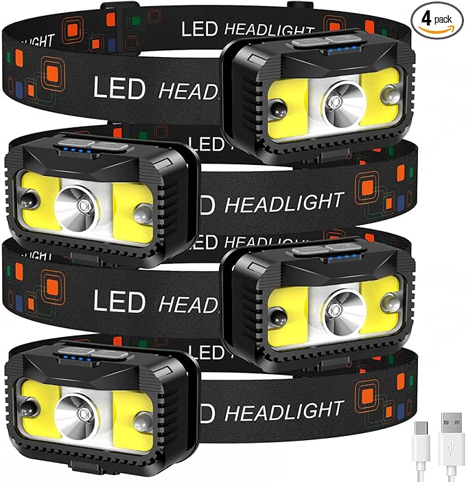 Headlamp Rechargeable, Ultra Bright LED Head Lamp Flashlight with White Red Light, Motion Sensor Waterproof Headlight,8 Modes Head Lights for Outdoor Camping Fishing Running-4 Pack