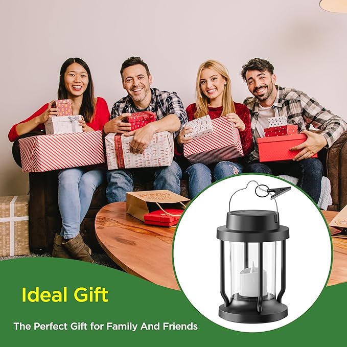 Solar Lantern Outdoor Indoor Use – Hanging Solar Lights with Realistic Flickering Flameless Candle, Weatherproof for Garden Decor, Patios, Trees, and Lawns (Black, 2 Pack)