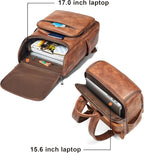 Leather Backpack for Women, Fits 17 Inch Laptop in Main Compartment, Dedicated 15.6 Inch Padded Sleeve, Large Vegan Leather Travel Computer Bag with Luggage Strap for Business and Work, Brown