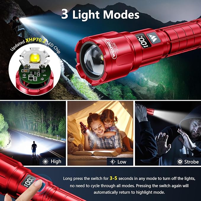 WdtPro LED Rechargeable Flashlight 2 Pack, Super Bright Zoomable 6000 Lumens Tactical Flashlight with LCD Digital Display, 3 Mode Waterproof Flash Light for Camping, Hunting & Home Emergency - Red