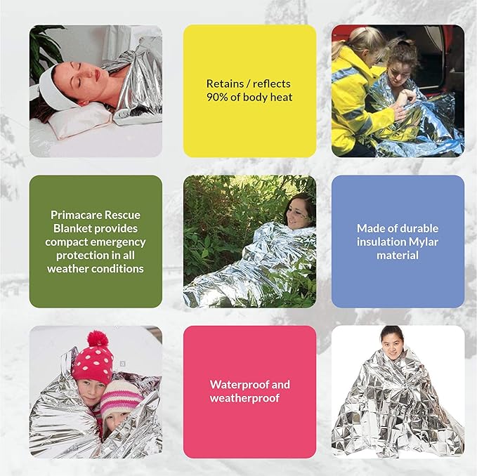 Primacare HB-10 Emergency Mylar Thermal Blankets – 10 Pack, 84" x 52", Silver – Reflective, Waterproof, Retains 90% Body Heat – for Survival, First Aid, Outdoors, Camping, EMS