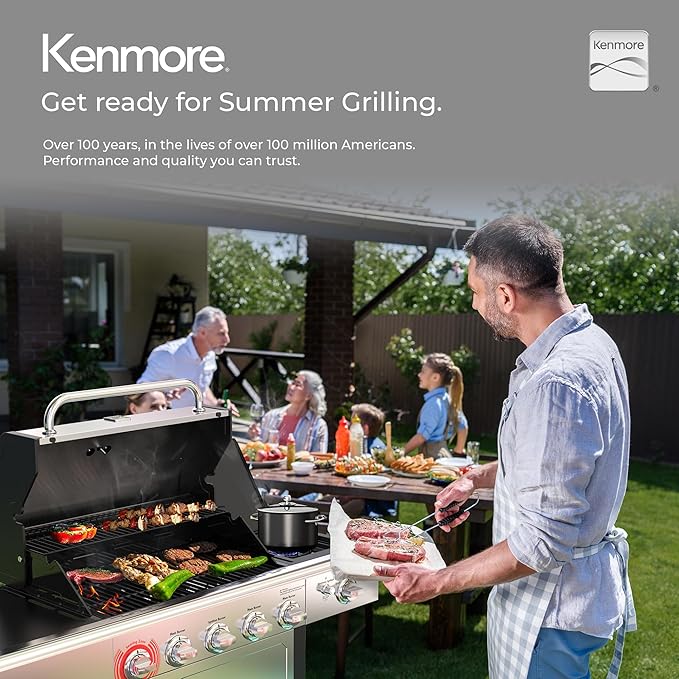 Kenmore BBQ Propane Gas Grill - 5 Burners with Side Burner & Searing Zone, 644 Sq. In. Stainless Steel Grill, 66,000 BTU, Ideal for Outdoor Cooking, Patio & Backyard, Silver