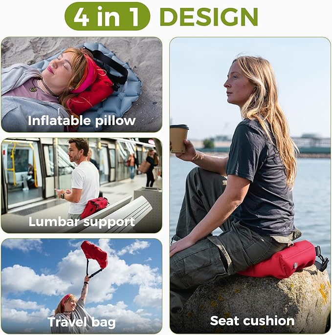 ATEPA 4-in-1 Travel Cushion, Ultralight Portable Inflatable Pillow Seat Cushion Neck & Back Support Travel Bag with Zippered Protection & Convertible Strap for Airplane Camping Backpacking