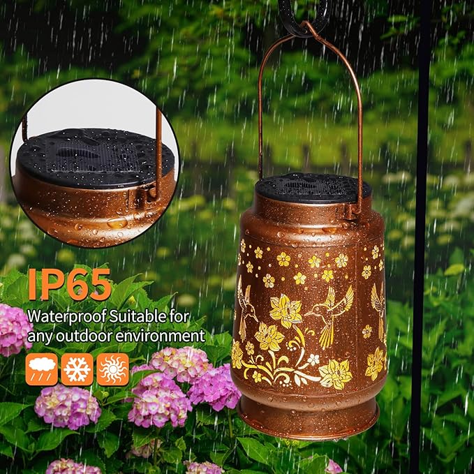 2 Pack Solar Lanterns Outdoor Waterproof Hummingbird Garden Decor Birthday Gifts for Women Mom Grandma Hanging Solar Lights Metal Solar Decoration Outside for Yard,Patio,Backyard,Porch