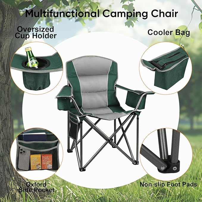 Northroad 2 Pack Oversized Camping Chair, Padded Portable Chairs Heavy Duty Camping Folding Chairs w/Cooler Bag & Cup Holder, Support 400 LBS for Outdoor, Fishing & Garden (Black & Green)