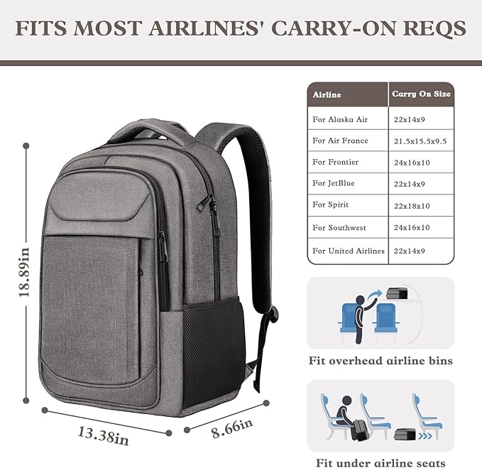 Travel Backpack, Laptop Backpack For Men Women, 17 Inch Water Resistant Slim Casual Daypack College School Travel Computer Nurse Work Bag Gift for Men & Women, Grey