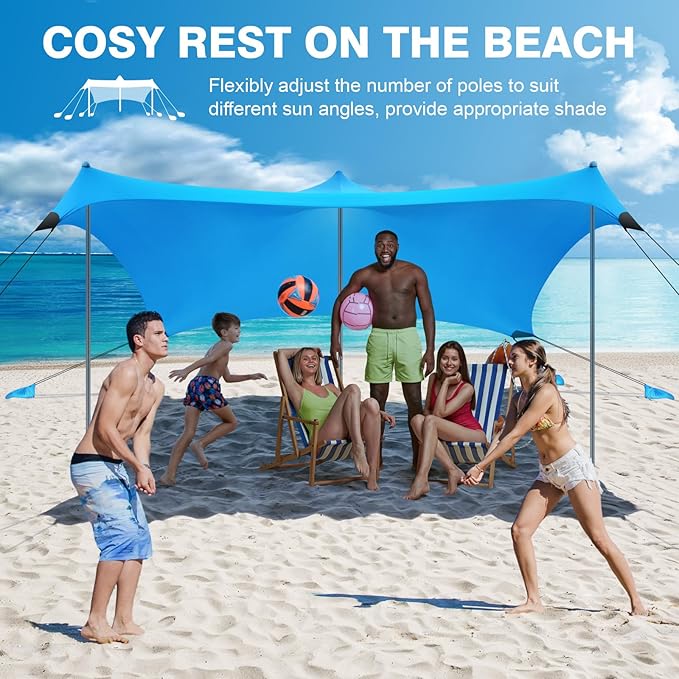Rhino Valley Beach Tent Shade Canopy UPF50+ Protection, 8 Sandbags, 4 Stability Poles, Outdoor Sun Shelter Umbrella for Sand, Camping, Fishing Essentials
