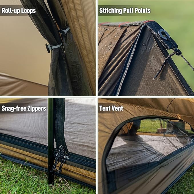 POMOLY Hot Tent Bushcraft Tent, STOVEHUT 20 2.0 Ultralight Shelter with 4 Poles for 1-2 Person Camping, Backpacking (Brown)