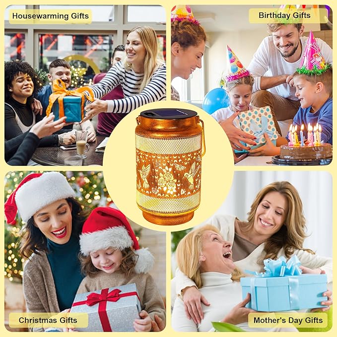 Hummingbird Solar Lanterns Outdoor Waterproof with Shepherd Hook, Birthday Mothers Day Gifts for Women Mom Grandma, Metal Solar Hanging Lights Garden Decor for Outside Yard Patio Pathway Porch