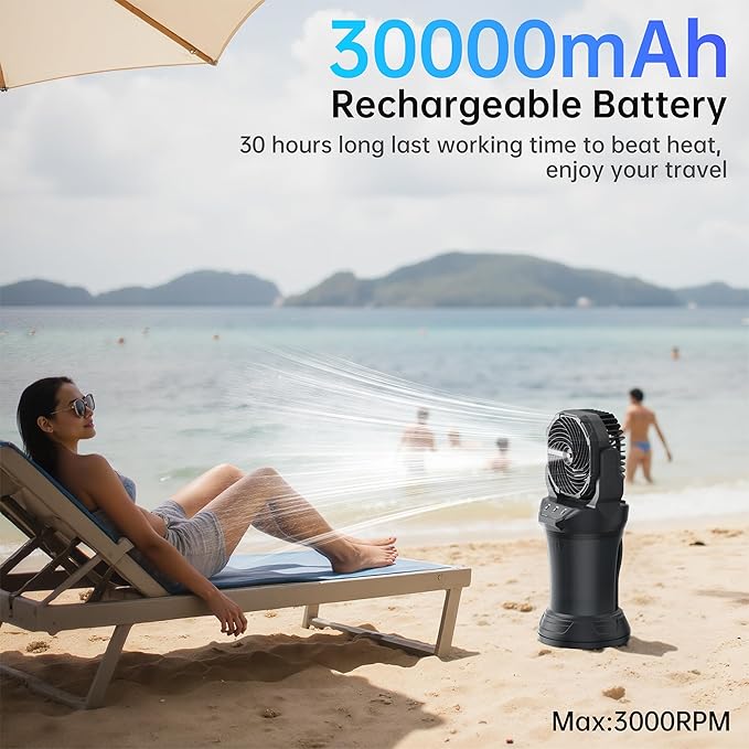 Portable Misting Fan, 30000mAh Battery Powered, Rechargeable Mist Fan with 4 Speeds, 4 Spray Modes, Remote & RGB Light, Auto Oscillation with 2L Tank Spray Cooling for Patios Camping Beach Outdoor