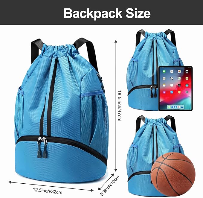 Hoedia Sports Drawstring Backpack - String Swim Gym Bag with Shoes Compartment and Wet Proof Pocket for Women/Men (Sky Blue)