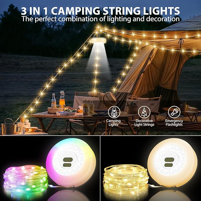 2Pack Camping String Lights, 4 in 1 Quick Storage 32.8FT Rechargeable Tent Lights with 9 Modes Hanging Waterproof Camp Lamp Camping Essentials for AwnTent Hiking Garden Bedroom Festival(Warm +RGB)