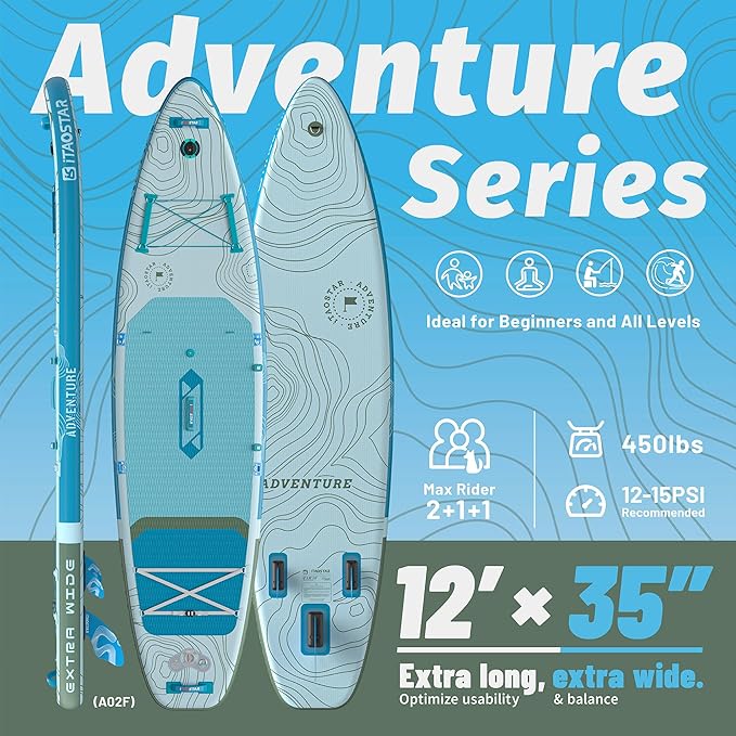 Adventure 12’×35"/39" Extra Wide Paddle Board, One-Stop Premium SUP Board Accessories, Tailored 5 Fins, Stable Inflatable Stand Up Paddle Boards for Youth/Adults of All Skill Levels