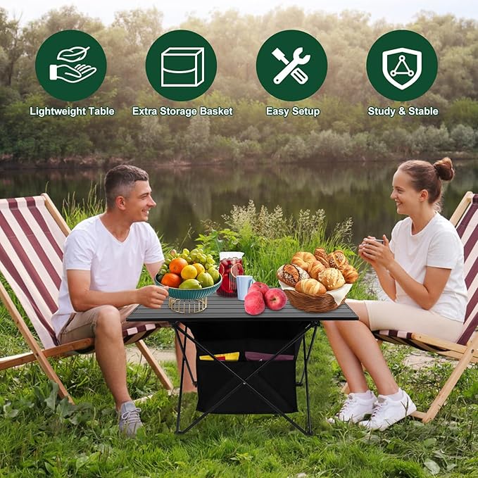Portable Camping Table, Camping Table Foldable with Basket Storage and Carrying Bag, Ultralight Aluminum Alloy Beach Table for Camping Picnic BBQ Beach Party
