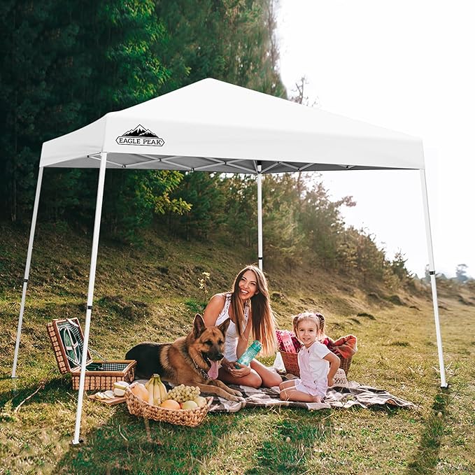 EAGLE PEAK 10x10 Slant Leg Pop-up Canopy Tent Easy One Person Setup Instant Outdoor Beach Canopy Folding Portable Sports Shelter 10x10 Base 8x8 Top (White)