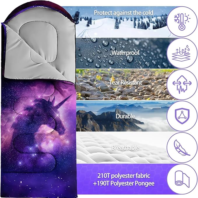 Sleeping Bags for Adults Youth Kids,3D Printing Camping Sleeping Bag for Girls Boys Lightweight Waterproof Cold/Warm Weather Sleeping Bag for 3 Seasons