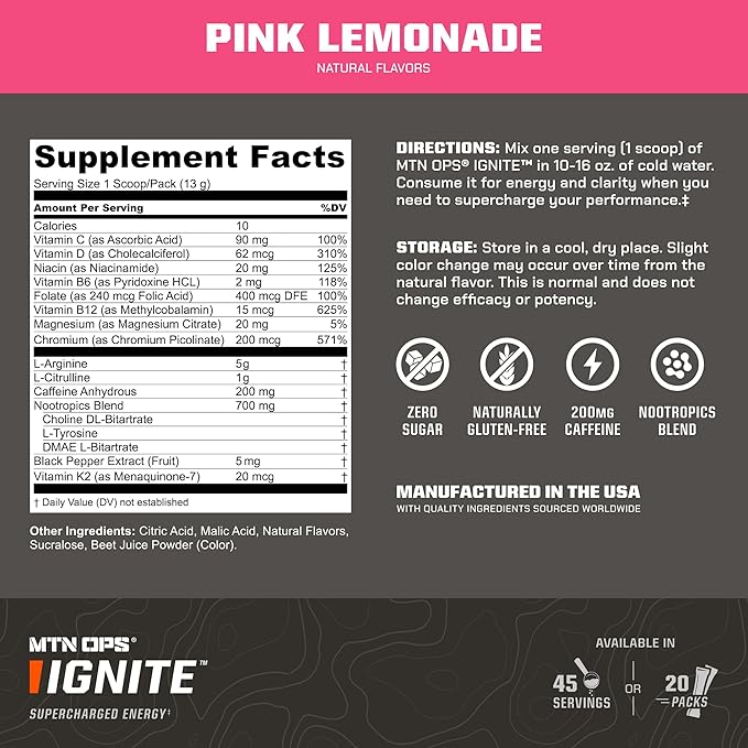 MTN OPS Ignite Energy Drink Powder, Gluten Free Nootropic Supplement Drink Mix, L Arginine, L Citrulline, Caffeine & Nootropic Sugar Free Drink Mix, 45 Servings, Pink Lemonade