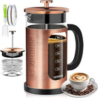 French Press Coffee Maker 34oz / 1 Quart 304 Stainless Steel Coffee Press,with 4 Filters System, Heat Resistant Thickness Borosilicate Glass, Brewed Coffee Pot (Copper)