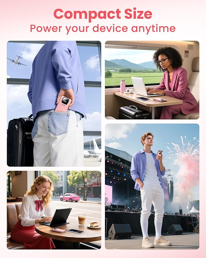 Portable Charger Power Bank with Built-in Cables, 22.5W Fast Charging 10000mAh Phone Charger, Travel Battery Pack Slim Battery Bank with Smart LED Display for iPhone, Android & USB-C Devices (Pink)