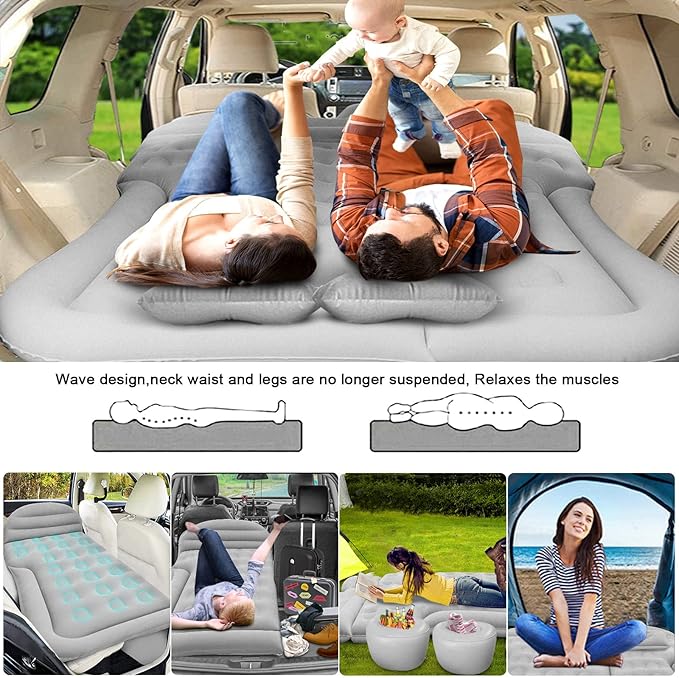 ISWEES Car Bed SUV Air Mattress, Car Air Mattress with Home Power Adapter, Electric Pump, 2 Inflatable Pillows and 2 Footrests for Back Seat, Side Seat,Trunk Sleeping, Thickened Camping Bed - Grey