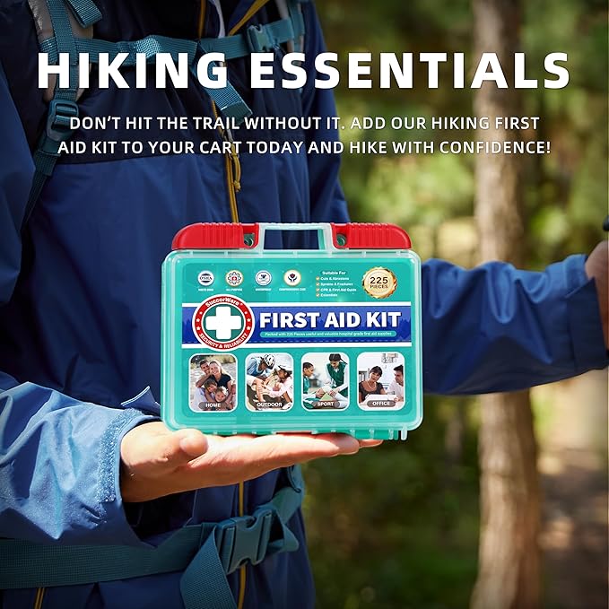 225 Pieces Portable Emergency First Aid Kit for Minor Wound Care, Includes Adhesive Bandages, Wound Gauze Pads, Ideal for Home, Car & On-The-Go