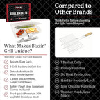 BLAZIN' GRILL Baskets for Outdoor Grill | 2 Grilling Baskets with Detachable Handle | Barbecue Grill Set with BBQ Gloves | Portable Camping Net Rack Perfect for Vegetables, Seafood & Meat