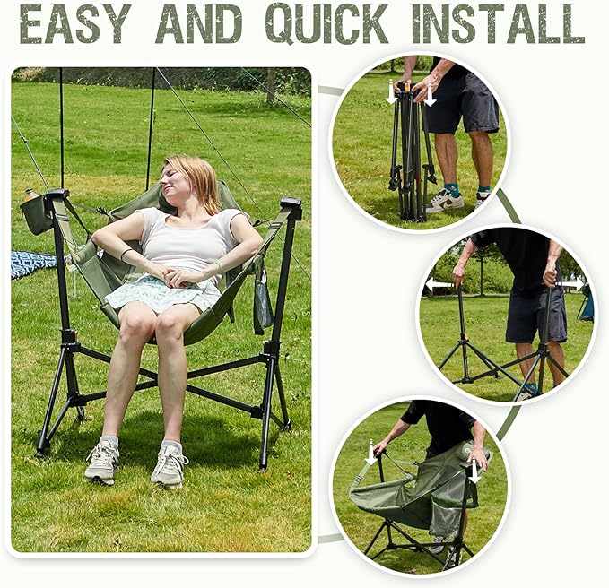 Portal Hammock Camping Chair, Portable Outdoor Swinging Chairs, Rocking Chair for Adults with Adjustable Back and Height for Lawn, Backyard, Patio, Supports 400 lbs, Breathable Mesh High Back, Green