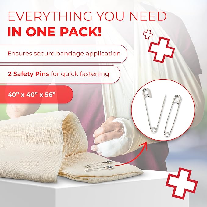 Triangular Bandage, 40" x 40" x 56", 100% Cotton, Individually Wrapped with 2 Safety Pins Per Bandage, Multi-Purpose Sling & Dressing for First Aid Kits – 24 Pack