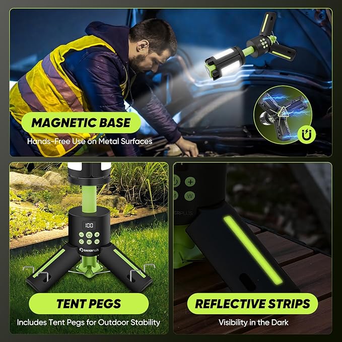 Portable Camping Lights with Stand, 5000LM Rechargeable LED Flashlight, 9 Color Modes, Collapsible Camping Lantern Tent Light with Magnetic Base for Power Outages, Camping & Emergency(Green)