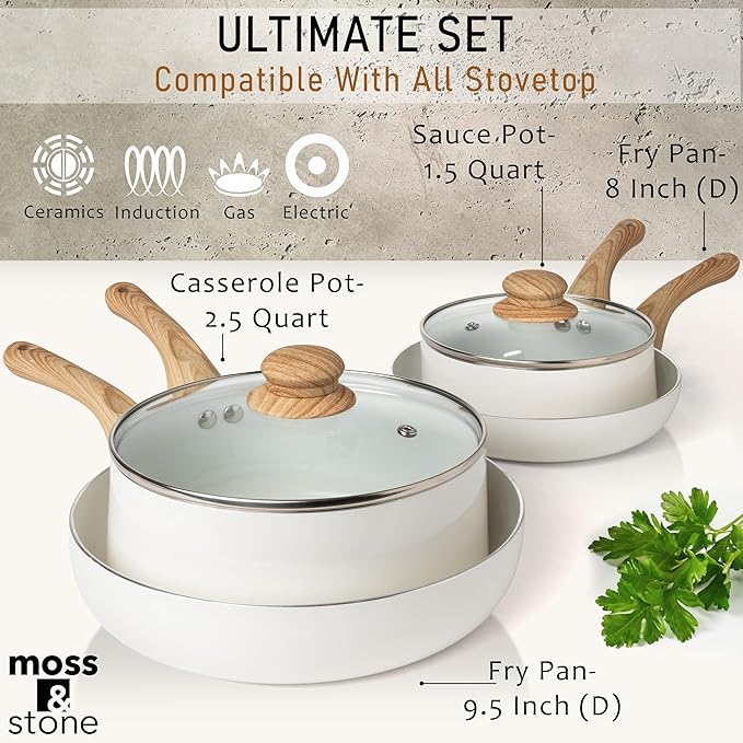 Moss & Stone 6 Pcs White Nonstick Cookware Set, Pots And Pans Set Non stick With Glass Lid, Induction Cookware, Stay-Cool Handle PTFE/PFOA Kitchen Pots 6-Piece with Frying Pans & Saucepan