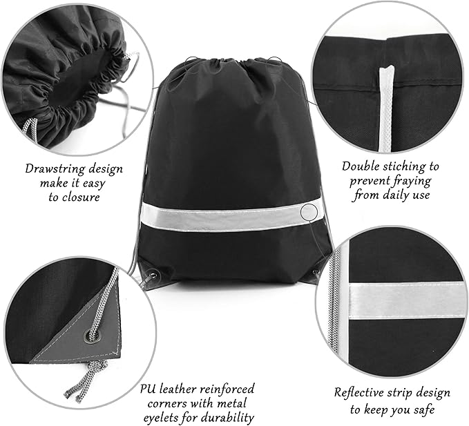 BeeGreen 20 Pieces Black Drawstring Backpacks Gym, Drawstring Sports Bags Reflective, Blank String Bag for DIY