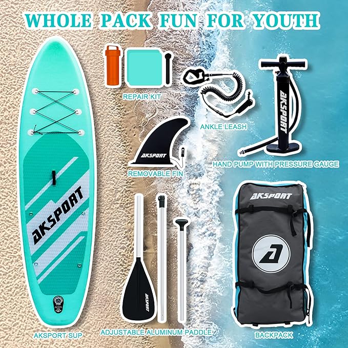 AKSPORT Inflatable Stand Up Paddle Board, SUP Board with All Accessories, Wide Stable Design, Non-Slip Deck, Inflatable Paddle Boards for Youth & Adult