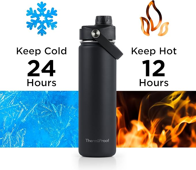 ThermoProof Double-Walled Vacuum Insulated Stainless Steel Water Bottle - Wide Mouth with Chug & Spout Lids, Dishwasher Safe, Reusable, Leakproof, Hot & Cold for Men, Women & Kids - 22oz, Black