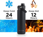 ThermoProof Double-Walled Vacuum Insulated Stainless Steel Water Bottle - Wide Mouth with Chug & Spout Lids, Dishwasher Safe, Reusable, Leakproof, Hot & Cold for Men, Women & Kids - 22oz, Black