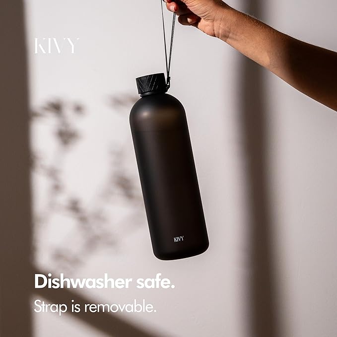 KIVY Large Water Bottle 50oz [Lightweight & Shatterproof] Fits Backpack & Cupholder for Travel, Sports, School - Black water bottle no straw - 1.5 Liter water bottles - 50oz Water bottle