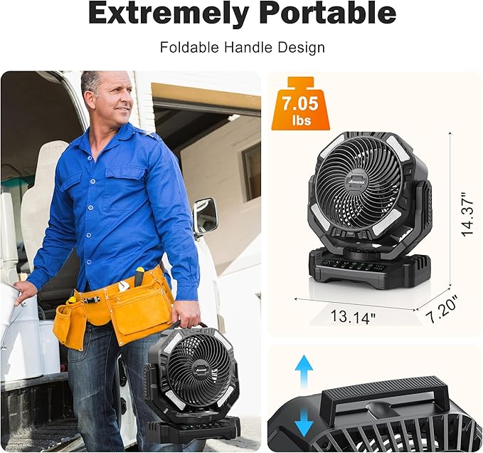 40000mAh Rechargeable Camping Fan, Battery Operated Fan with Light & Remote, 12" Portable Outdoor Fan, Auto Oscillating Battery Powered Floor Fan for Tent RV Car Travel Jobsite Hurricane Power Outages