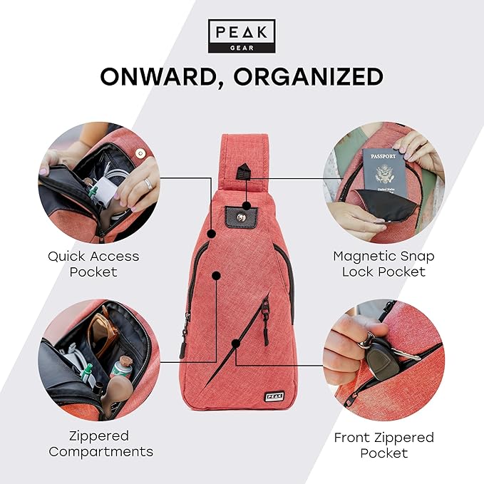 Peak Gear Travel Sling Bag. Compact Crossbody Bag | Lighter and Smaller than a Backpack | Lifetime Lost & Found ID Tag