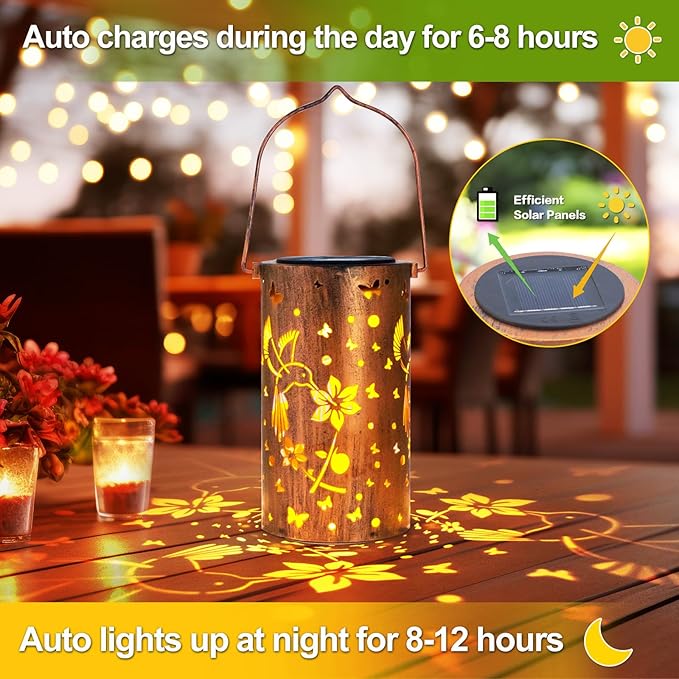 2 Pack Solar Lanterns Outdoor Waterproof Hummingbirds Birthday Gifts for Women Mom Grandma Garden Decor Metal Hanging LED Decorative Light for Patio Yard Lawn Backyard Front Porch Gardening Gifts