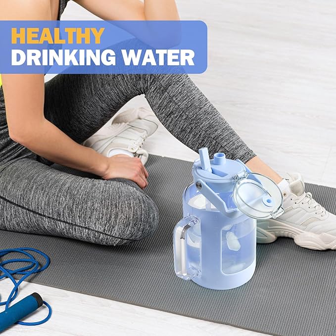 BLUEGO 64 oz Glass Water Bottle with Straw, Tumbler, Half Gallon, BPA Free, Light Blue, Sports, Daily Use, Travel, Hiking, Running, Cycling, Fitness