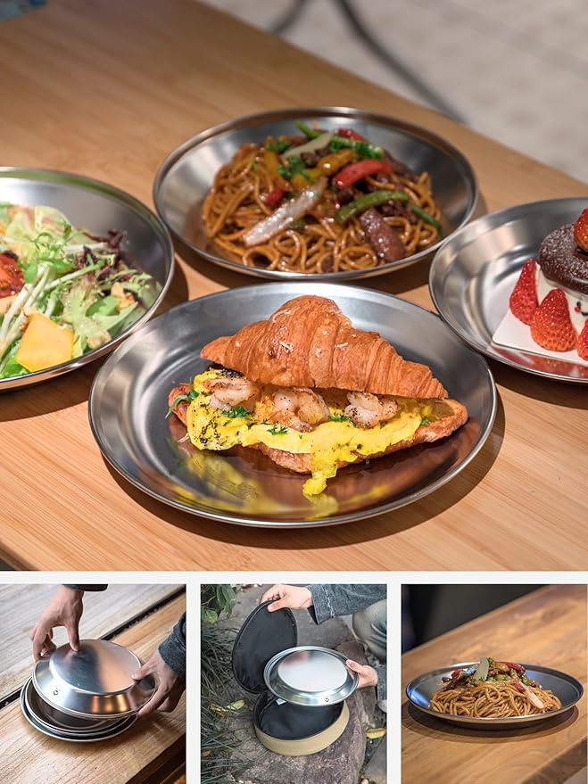 CAMPINGMOON Camping Plates 4pcs set Salad Side Dinner Plate Dishes Outdoor Tableware Stainless Steel with Canvas Case S397-1S