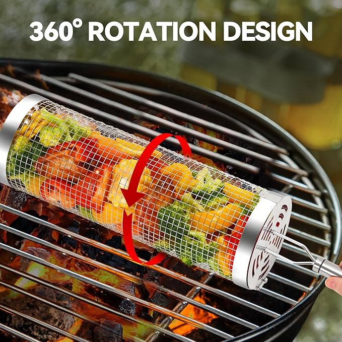 ZORMY 2pcs Rolling Grill Baskets,Grill Veggie Basket,BBQ Baskets for Grilling,Round Stainless Steel Grill Baskets for Outdoor Grill,Camping Basket for Vegetables, Birthday Gifts for Men